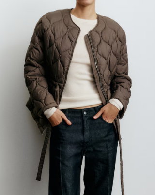 Belt Quilted Crewneck Coat