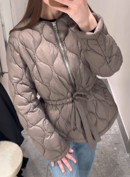 Belt Quilted Crewneck Coat