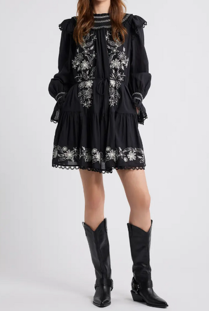 Embroidered Black Mini Dress