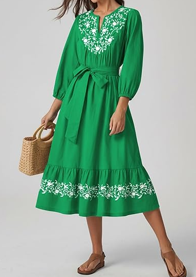 Belted Embroidered Flowy Midi Dress
