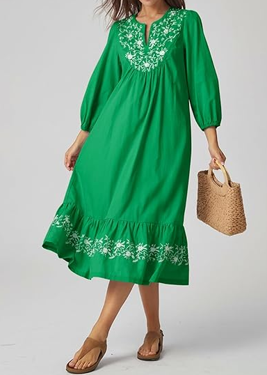 Belted Embroidered Flowy Midi Dress