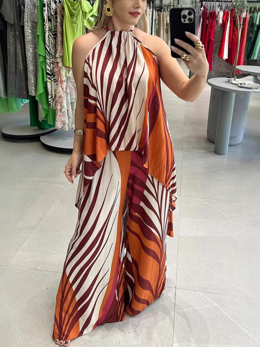 Printed Wide-Leg Pants Two-Piece Set