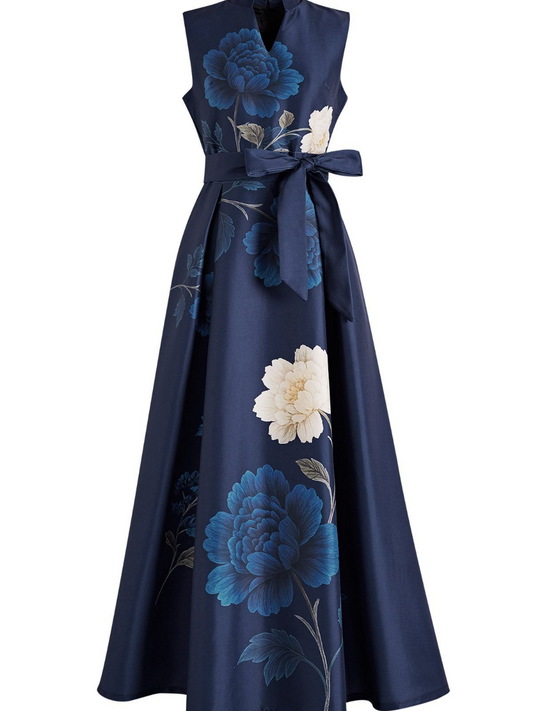 Regal Peony Print Tie-Waist Sleeveless Maxi Dress
