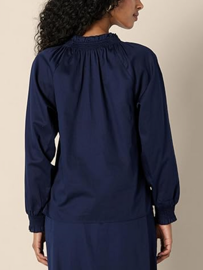 Women's Relaxed-Fit Ruffle-Neck Cotton Sateen Long-Sleeve Blouse