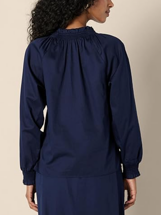 Women's Relaxed-Fit Ruffle-Neck Cotton Sateen Long-Sleeve Blouse