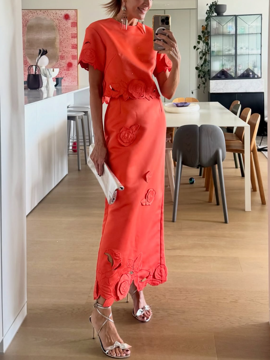 Coral Red 3D Rose Cutout Two-Piece Midi Dress Set