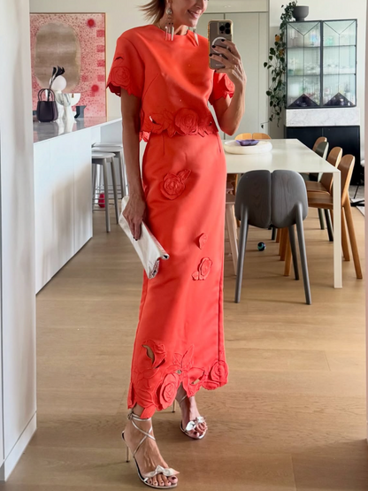 Coral Red 3D Rose Cutout Two-Piece Midi Dress Set