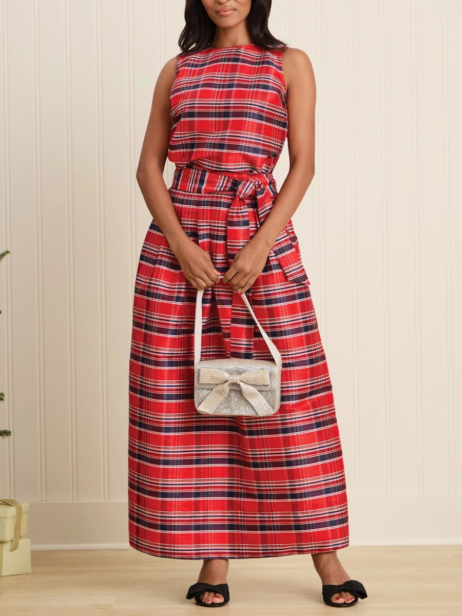 Red Plaid Sleeveless Bow-Tie Maxi Set
