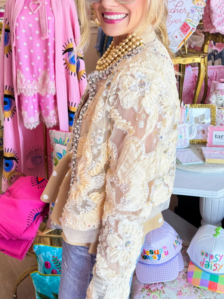 Ivory Rhinestone Detail Sheer Jacket