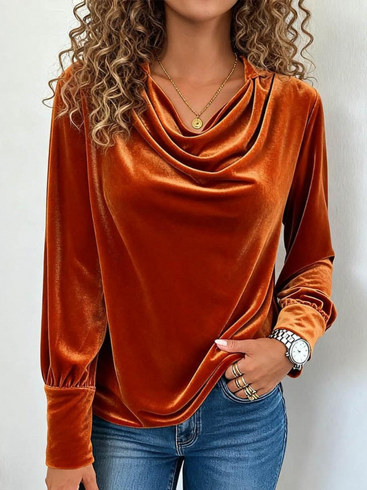 Orange Velvet Plain Long Sleeve Top