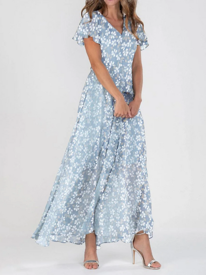 Romantic Floral Print Short Sleeve Maxi Dress