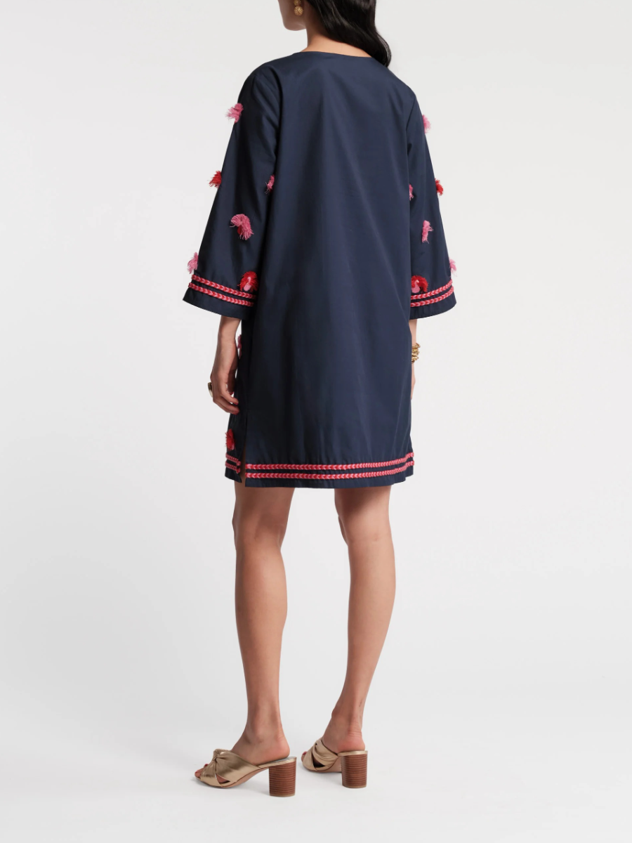 Flower Embroidered Tassel Tie Shift Dress