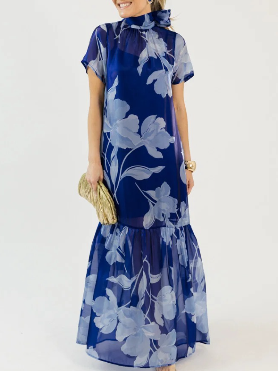 Organza Mockneck Navy Maxi Dress