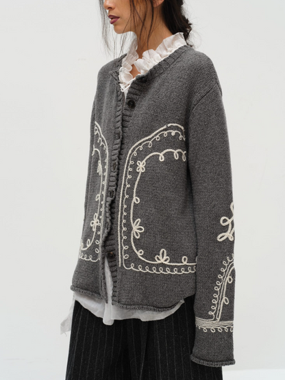 Thread-embroidered Knitted Cardigan