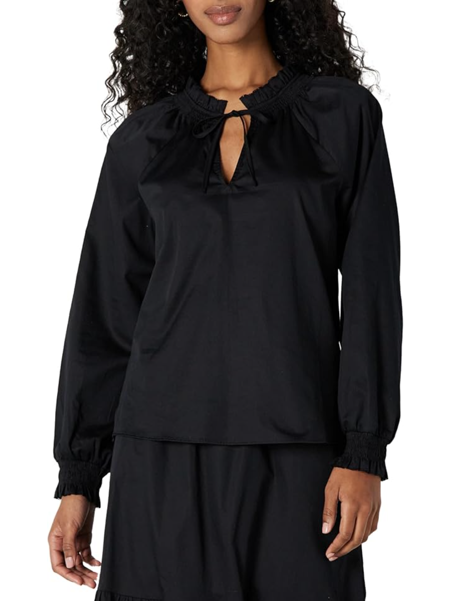 Women's Relaxed-Fit Ruffle-Neck Cotton Sateen Long-Sleeve Blouse