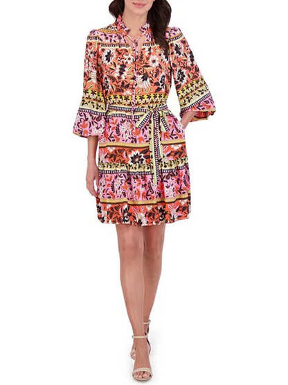 Woven Floral Print V-Neck Tie Long Sleeve Belted Tiered A-Line Dress