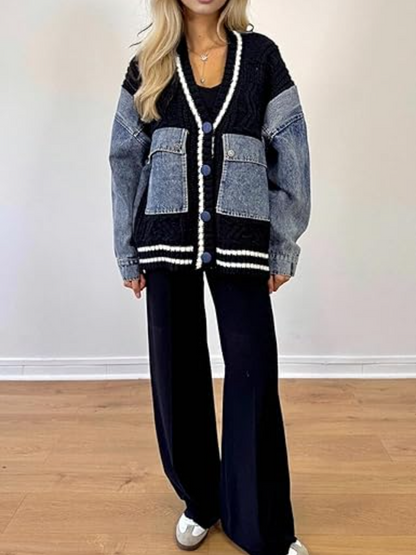 Knit Patchwork Denim Cardigan