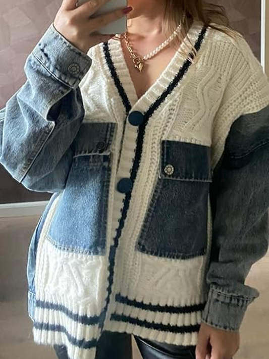 Knit Patchwork Denim Cardigan