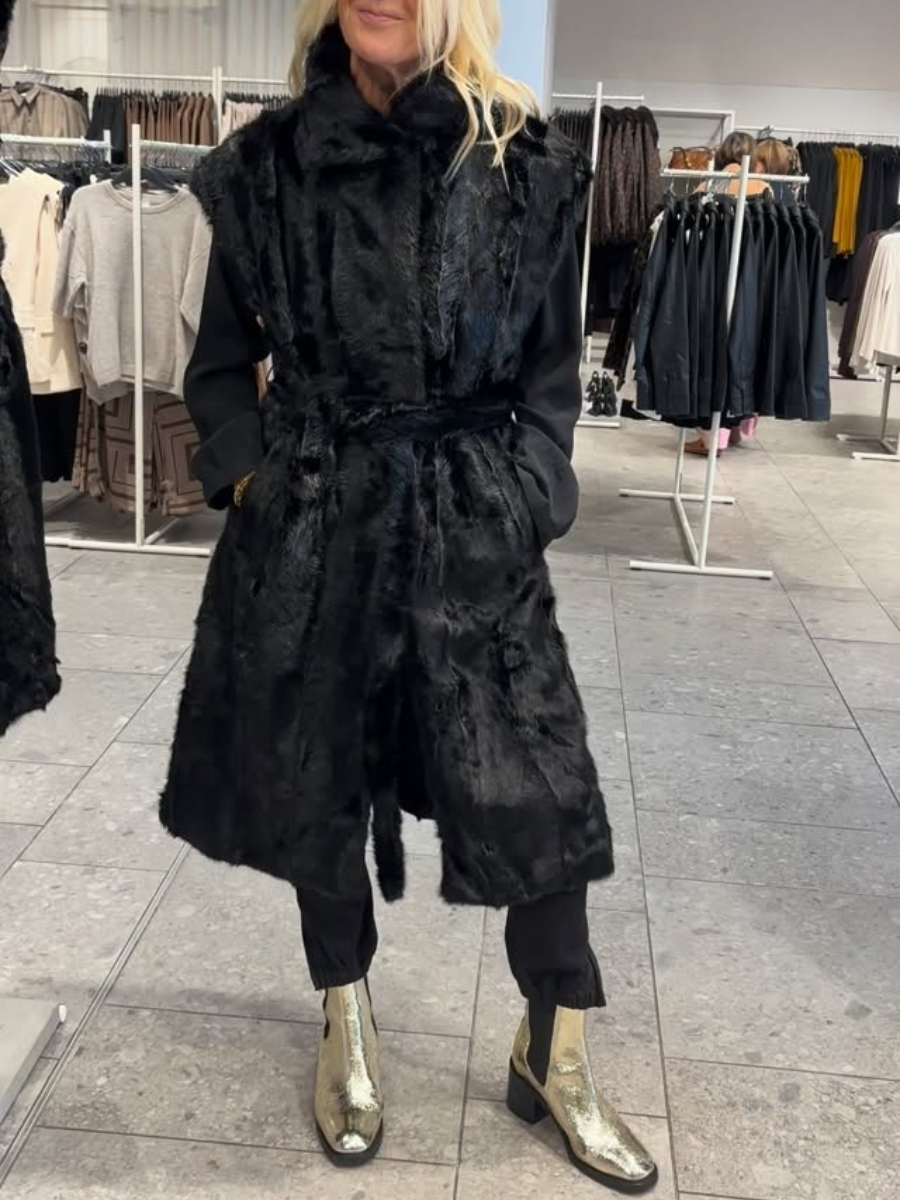 Black Faux Fur Belted Sleeveless Coat