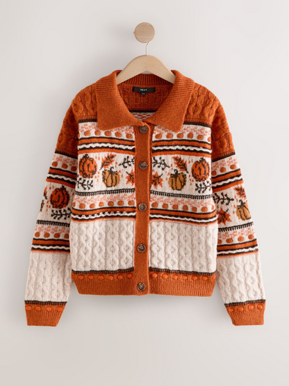 Orange Halloween Pumpkin Twist Collar Cardigan