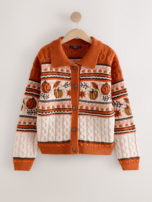 Orange Halloween Pumpkin Twist Collar Cardigan