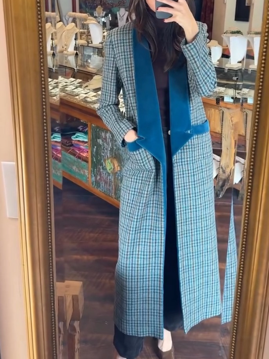 Blue Houndstooth Coat With Teal Velvet Lapels