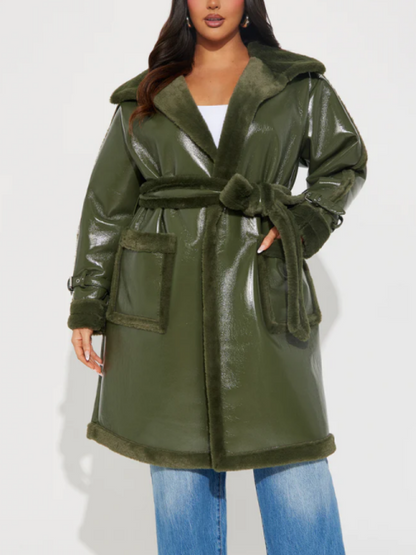 Faux Patent Leather Plush-Trim Coat