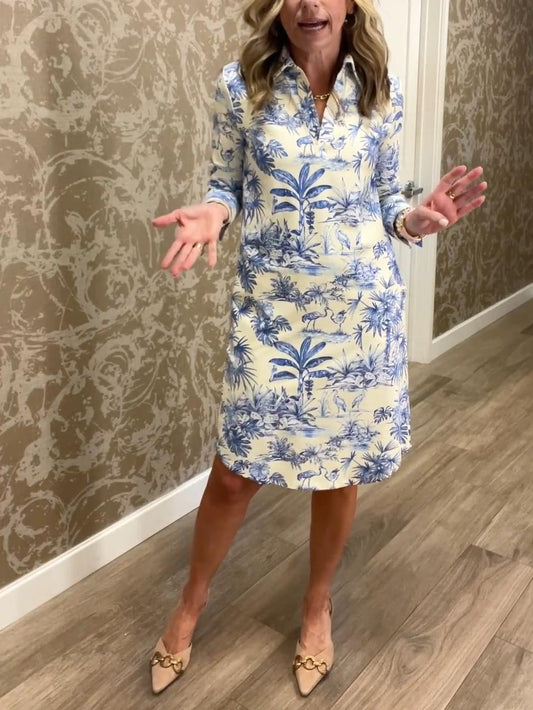 Jae McLoughlin Knit Cloth Printed Split V-Neck Long Sleeve Dress