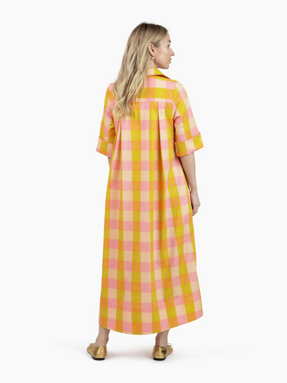 Oversized Check Print Roll Sleeve Shirt Dress