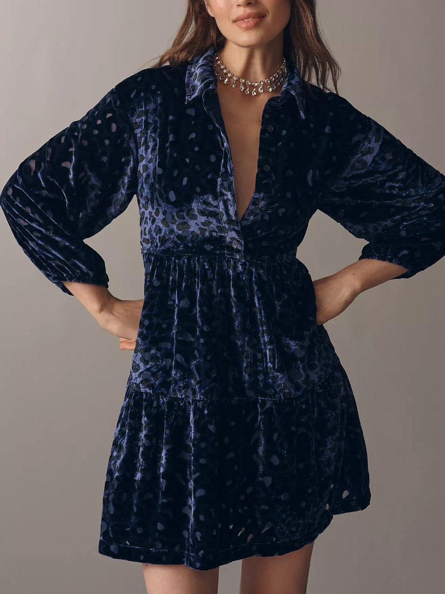 Velvet Tiered Mini Shirt Dress