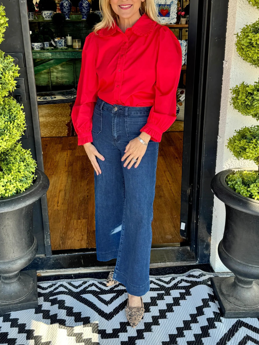 Ruffled Collar Puff Sleeve Button-Down Blouse