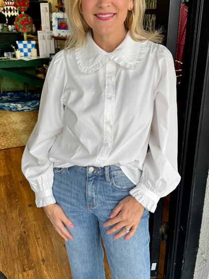 Ruffled Collar Puff Sleeve Button-Down Blouse