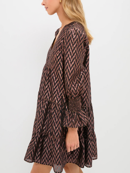 Rose Gold Chevron Sequin Ruffle-Sleeve Mini Dress