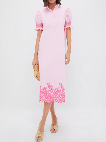 Pink Embroidery Eliza Midi Dress