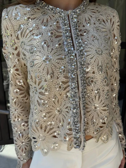 Rhinestone And Sequin Adorned Crochet Lace Cardigan