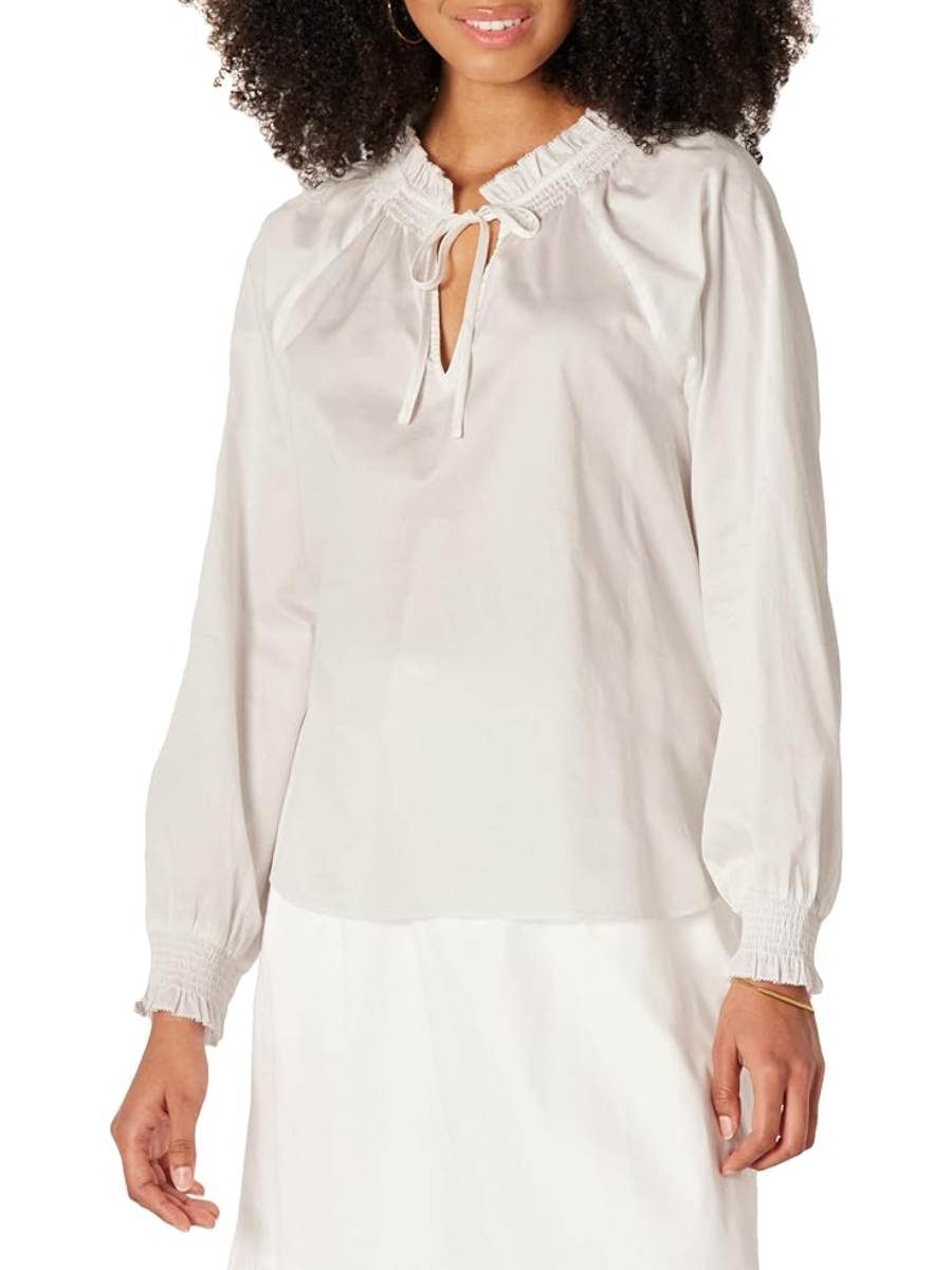 Women's Relaxed-Fit Ruffle-Neck Cotton Sateen Long-Sleeve Blouse