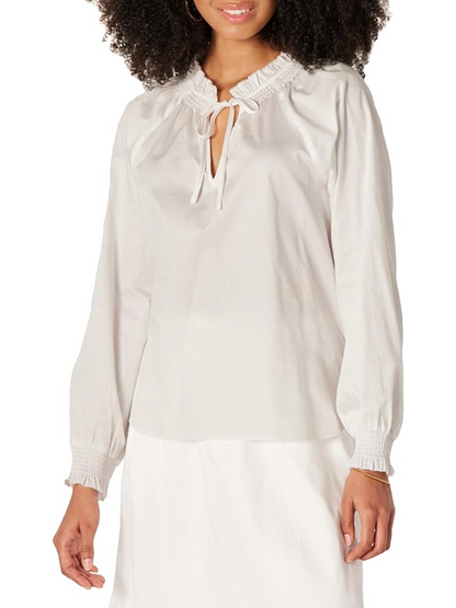 Women's Relaxed-Fit Ruffle-Neck Cotton Sateen Long-Sleeve Blouse