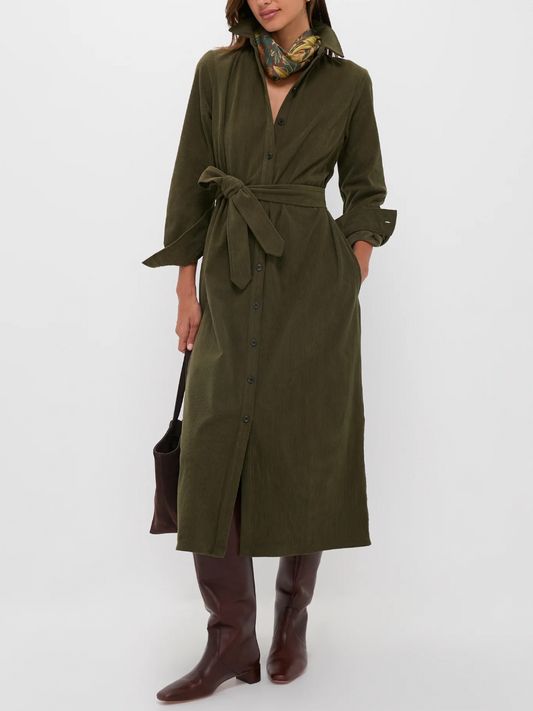 Olive Wide Wale Corduroy Tara Shirt Dress