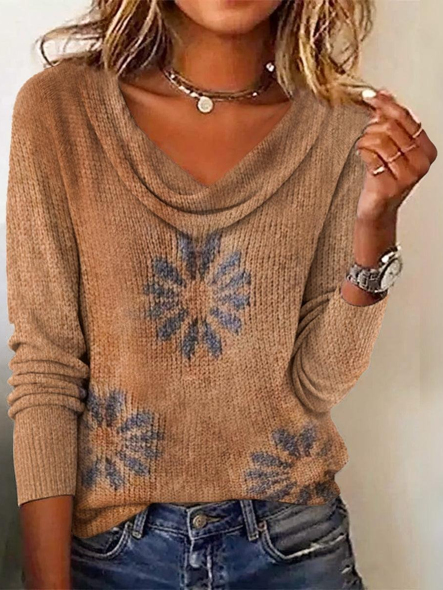 Cozy Camel Knit Floral Printed Sweater
