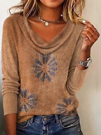 Cozy Camel Knit Floral Printed Sweater