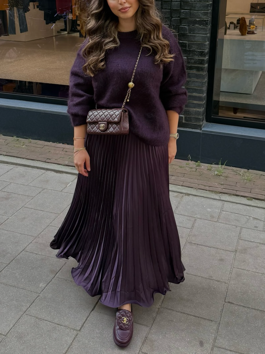 Plum Purple Oversized Sweater And Pleated Maxi Skirt Set