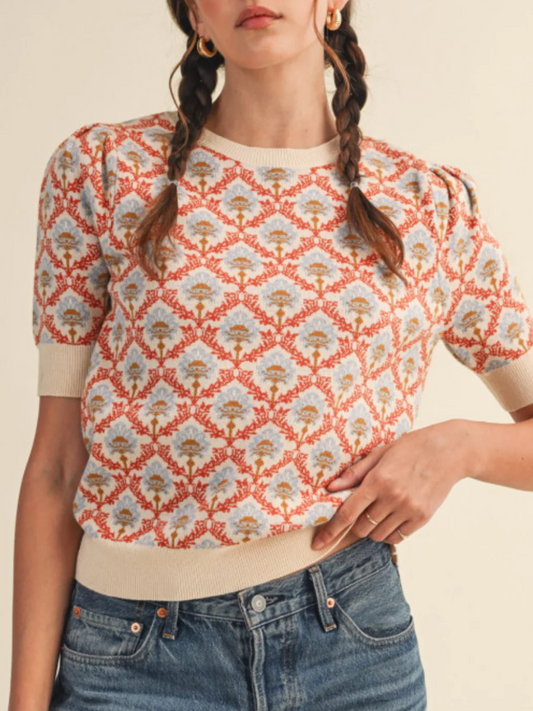 Floral Scroll Short Sleeve Sweater