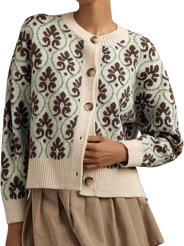 Women Floral Cardigan Sweater Open Front Long Sleeve Button Down Knit Sweater Vintage Outerwear