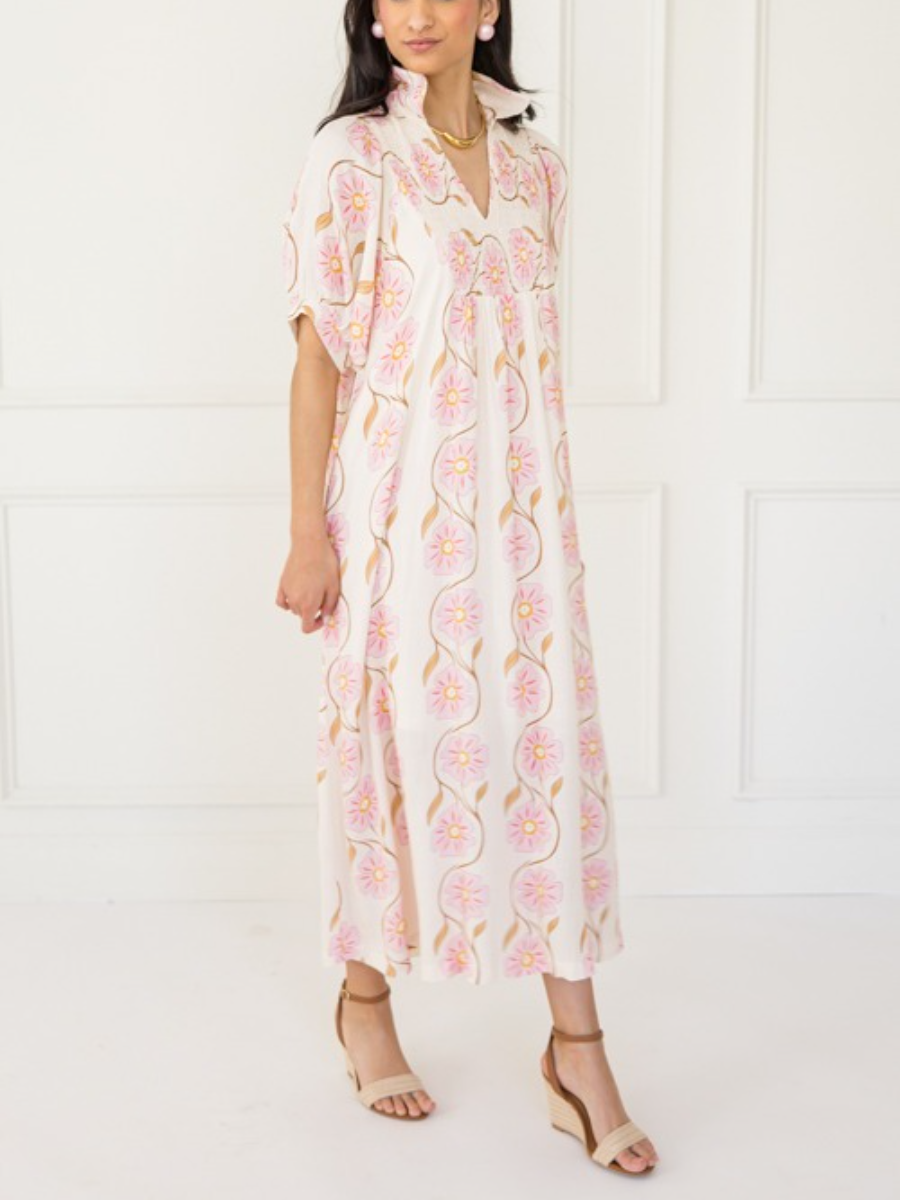 Cream Pink Daisy Print Puff Sleeve Maxi Dress