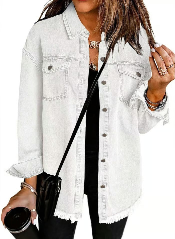 Women's Casual Denim Button Down Distressed Jacket