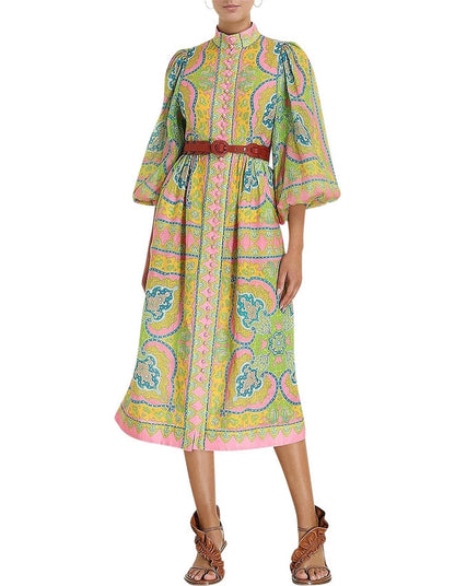 Pastel Paisley Puff-Sleeve Midi Dress
