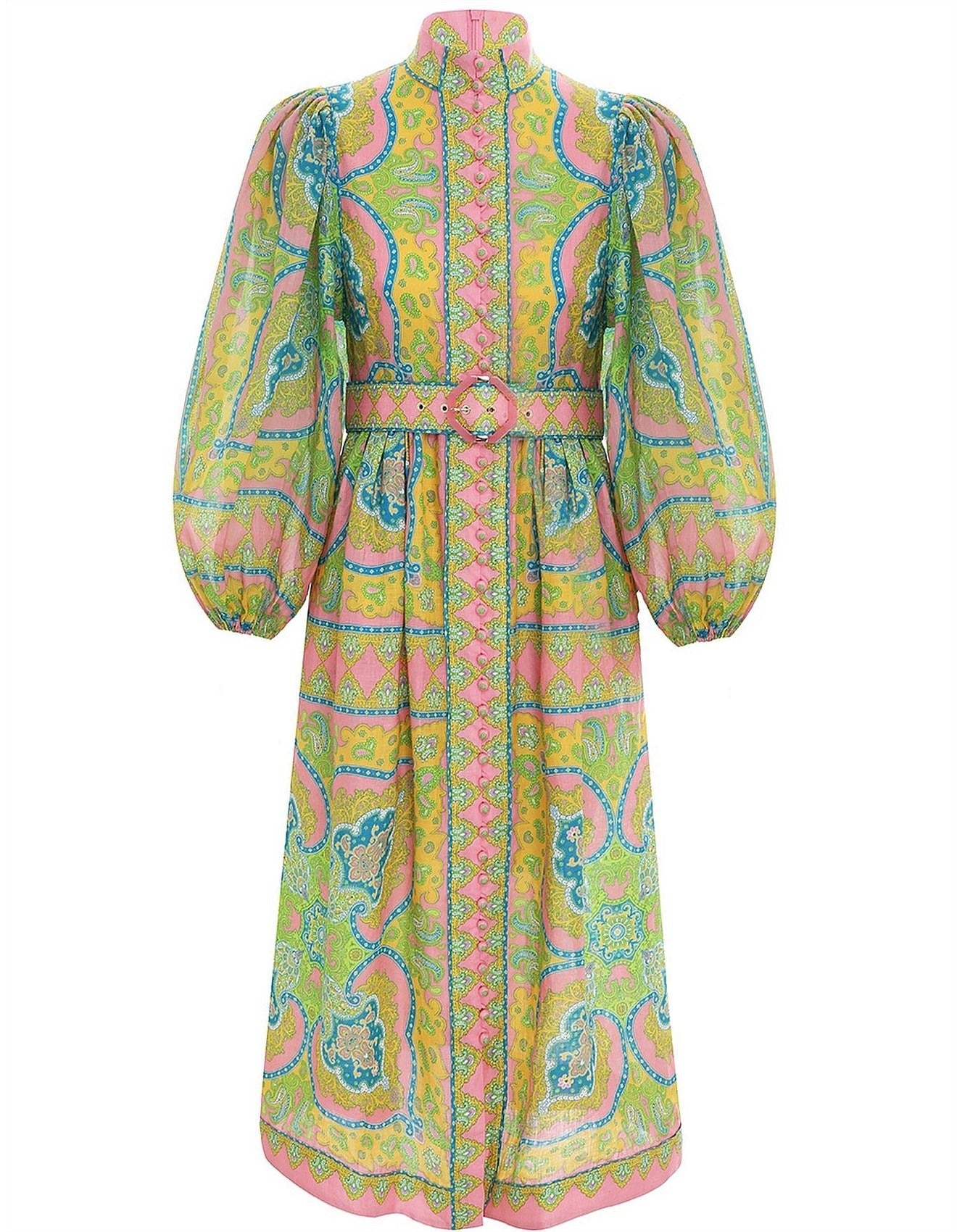 Pastel Paisley Puff-Sleeve Midi Dress