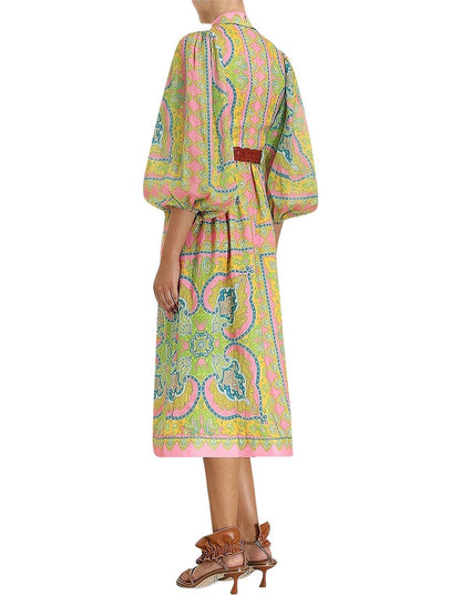 Pastel Paisley Puff-Sleeve Midi Dress