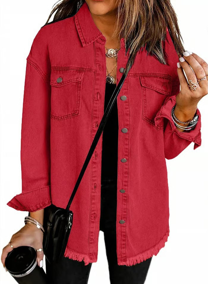 Women's Casual Denim Button Down Distressed Jacket