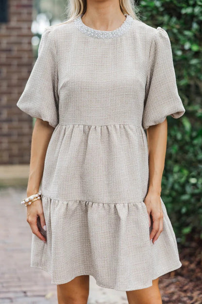 Cherished Moments Oatmeal Tweed Babydoll Dress